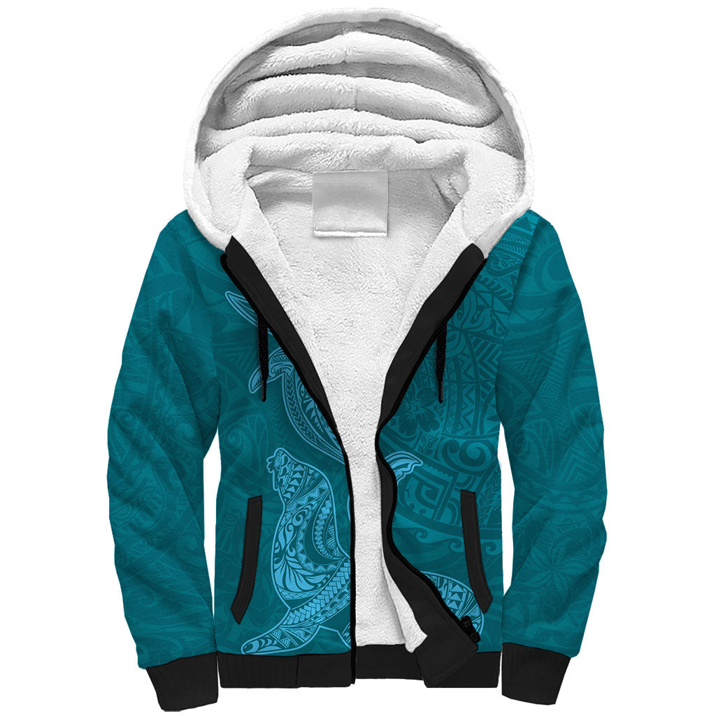 Hawaiian Monk Seal and Whale Sherpa Hoodie Kakau Tribal Pattern Teal Color