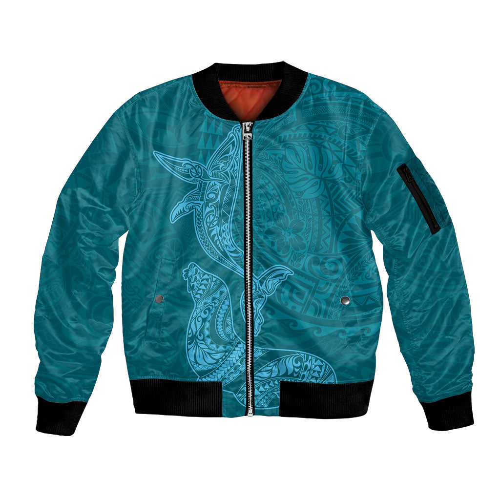 Hawaiian Monk Seal and Whale Sleeve Zip Bomber Jacket Kakau Tribal Pattern Teal Color LT03 Unisex Teal - Polynesian Pride