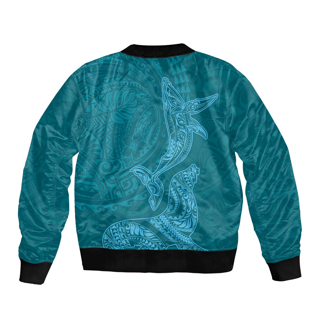 Hawaiian Monk Seal and Whale Sleeve Zip Bomber Jacket Kakau Tribal Pattern Teal Color LT03 - Polynesian Pride