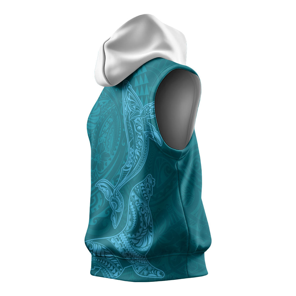 Hawaiian Monk Seal and Whale Sleeveless Hoodie Kakau Tribal Pattern Teal Color LT03 - Polynesian Pride