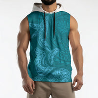 Hawaiian Monk Seal and Whale Sleeveless Hoodie Kakau Tribal Pattern Teal Color LT03 - Polynesian Pride
