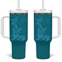 Hawaiian Monk Seal and Whale Tumbler With Handle Kakau Tribal Pattern Teal Color LT03 One Size: 40 oz Teal - Polynesian Pride