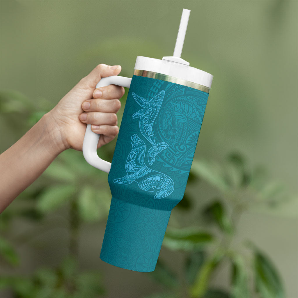 Hawaiian Monk Seal and Whale Tumbler With Handle Kakau Tribal Pattern Teal Color LT03 - Polynesian Pride