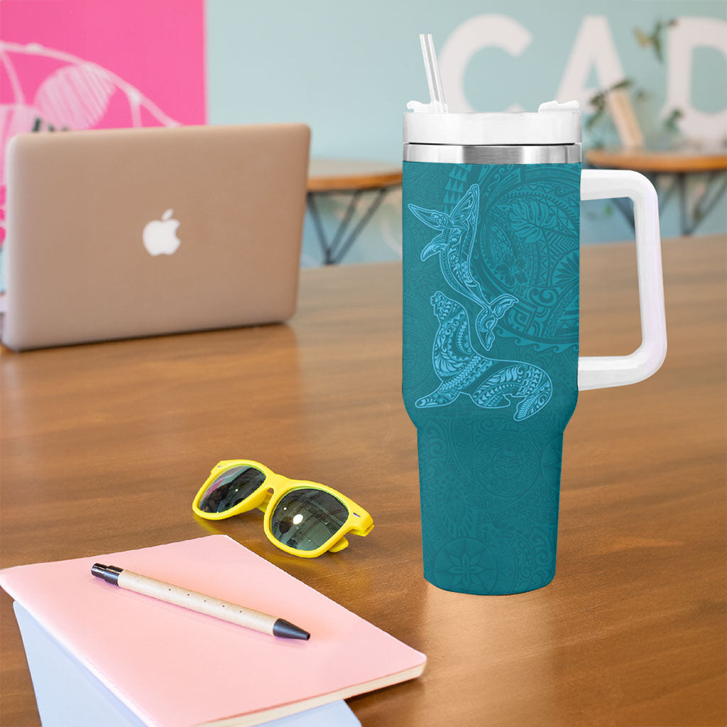 Hawaiian Monk Seal and Whale Tumbler With Handle Kakau Tribal Pattern Teal Color LT03 - Polynesian Pride