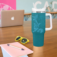 Hawaiian Monk Seal and Whale Tumbler With Handle Kakau Tribal Pattern Teal Color LT03 - Polynesian Pride