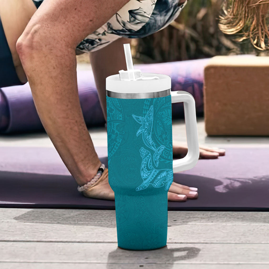 Hawaiian Monk Seal and Whale Tumbler With Handle Kakau Tribal Pattern Teal Color LT03 - Polynesian Pride