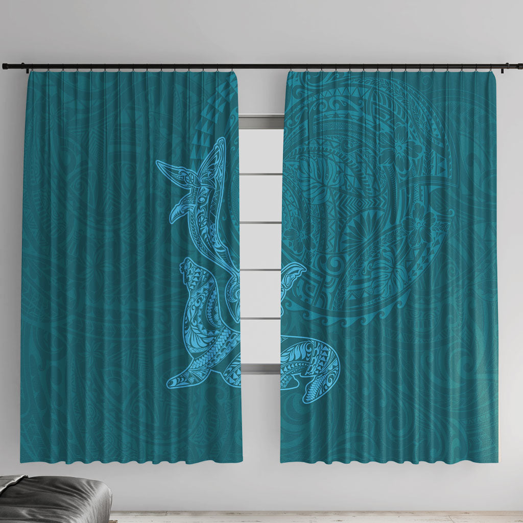 Hawaiian Monk Seal and Whale Window Curtain Kakau Tribal Pattern Teal Color