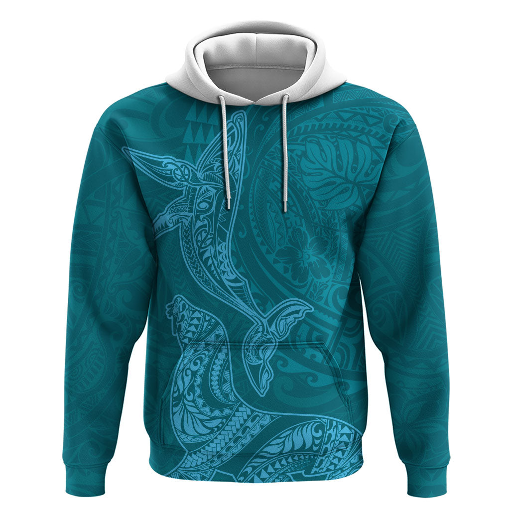 Hawaiian Monk Seal and Whale Zip Hoodie Kakau Tribal Pattern Teal Color LT03 Pullover Hoodie Teal - Polynesian Pride