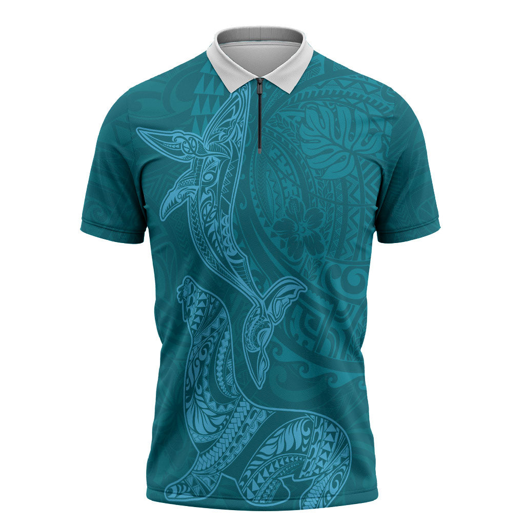 Hawaiian Monk Seal and Whale Zipper Polo Shirt Kakau Tribal Pattern Teal Color