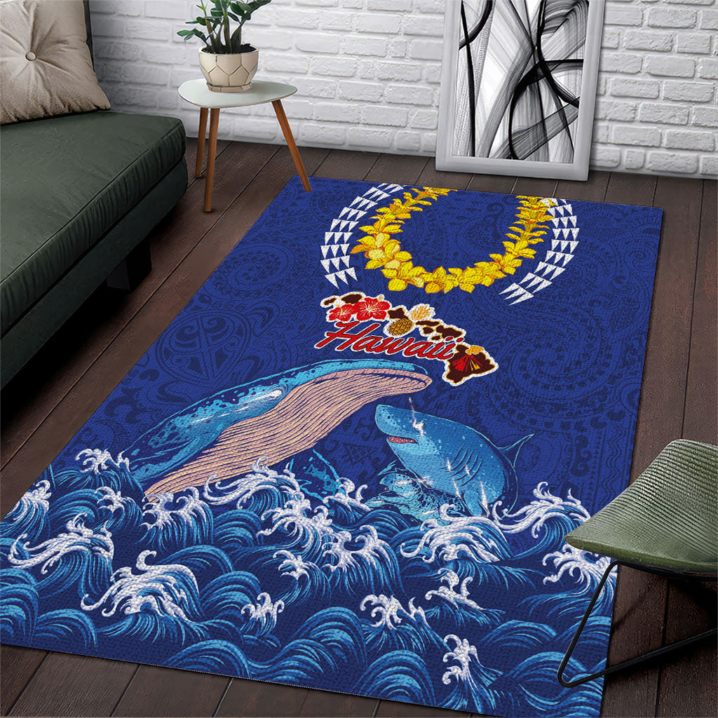 Hawaiian Sea Animals Area Rug Whales Shark and Turtle Guardians with Tribal Pattern