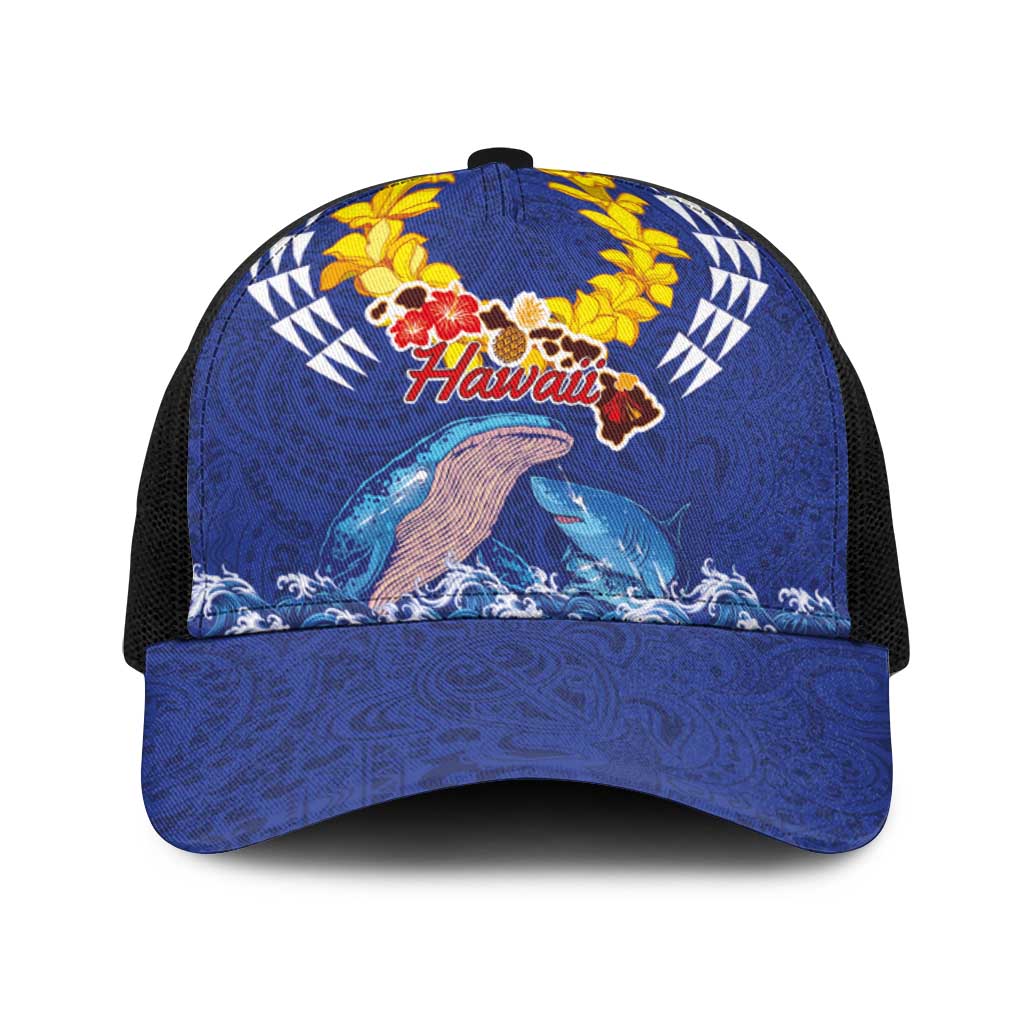 Hawaiian Sea Animals Baseball Net Cap Whales Shark and Turtle Guardians with Tribal Pattern LT03 One Size Black Blue - Polynesian Pride