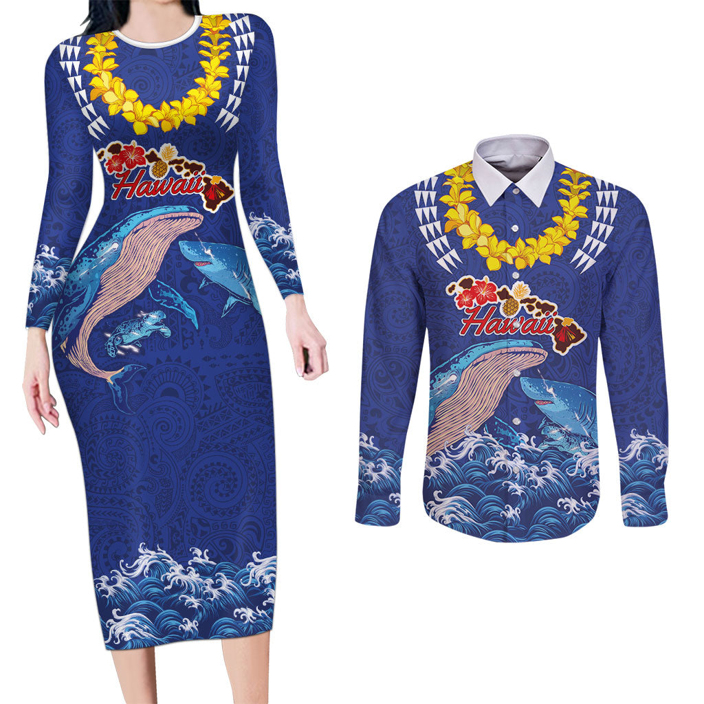 Hawaiian Sea Animals Couples Matching Long Sleeve Bodycon Dress and Long Sleeve Button Shirt Whales Shark and Turtle Guardians with Tribal Pattern LT03 Blue - Polynesian Pride