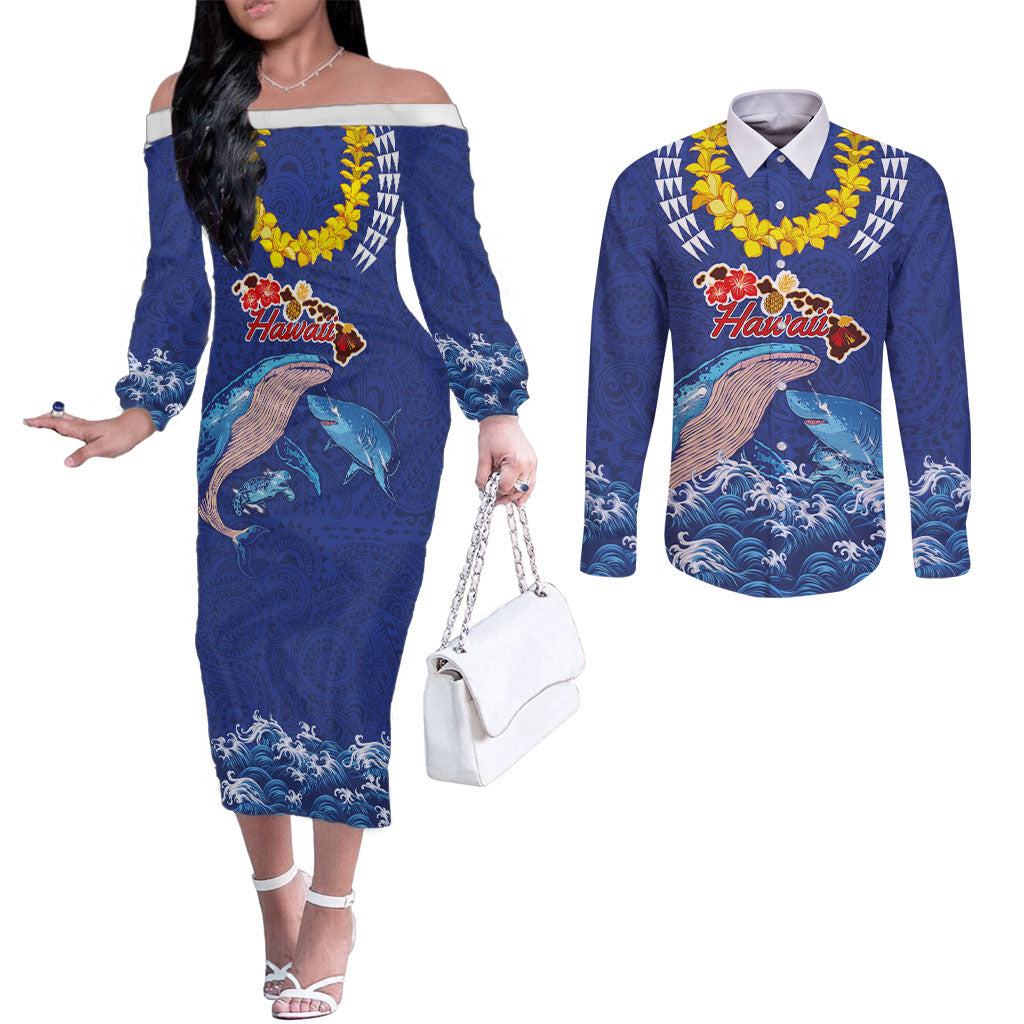 Hawaiian Sea Animals Couples Matching Off The Shoulder Long Sleeve Dress and Long Sleeve Button Shirt Whales Shark and Turtle Guardians with Tribal Pattern LT03 Blue - Polynesian Pride