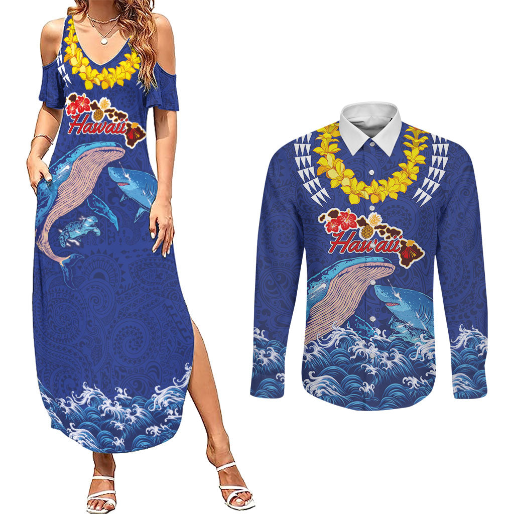 Hawaiian Sea Animals Couples Matching Summer Maxi Dress and Long Sleeve Button Shirt Whales Shark and Turtle Guardians with Tribal Pattern LT03 Blue - Polynesian Pride