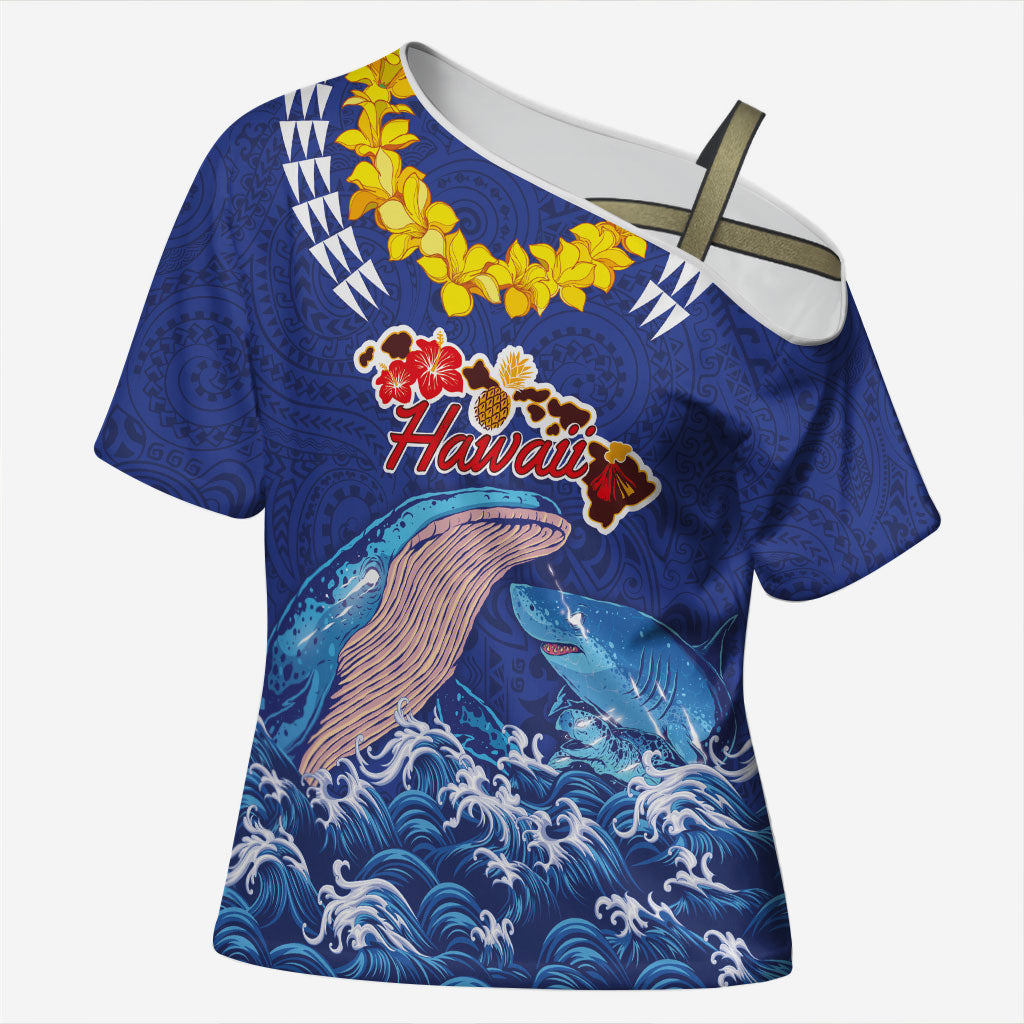 Hawaiian Sea Animals Cross Shoulder Shirt Whales Shark and Turtle Guardians with Tribal Pattern LT03 Female Blue - Polynesian Pride