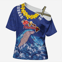 Hawaiian Sea Animals Cross Shoulder Shirt Whales Shark and Turtle Guardians with Tribal Pattern LT03 Female Blue - Polynesian Pride