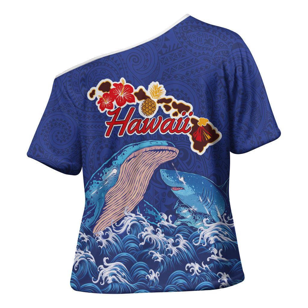 Hawaiian Sea Animals Cross Shoulder Shirt Whales Shark and Turtle Guardians with Tribal Pattern LT03 - Polynesian Pride