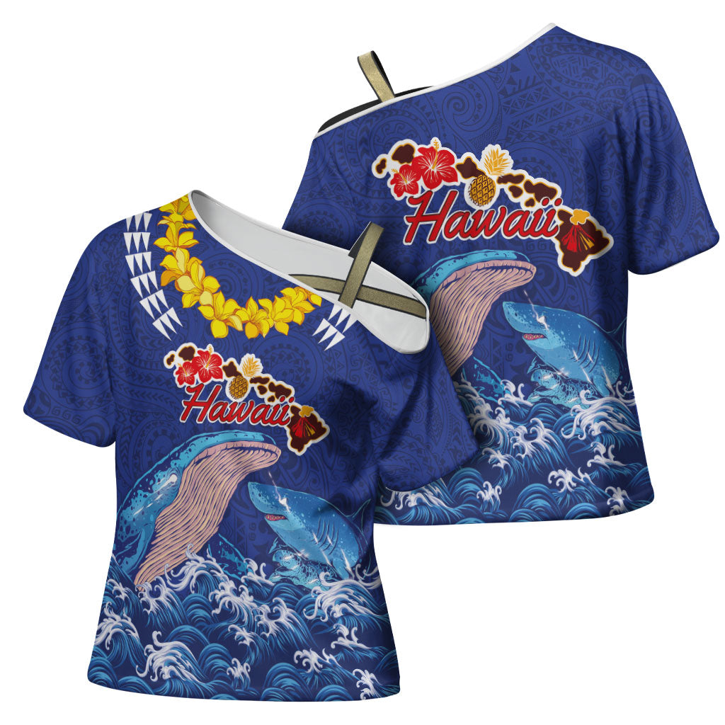 Hawaiian Sea Animals Cross Shoulder Shirt Whales Shark and Turtle Guardians with Tribal Pattern LT03 - Polynesian Pride