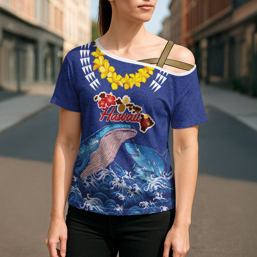 Hawaiian Sea Animals Cross Shoulder Shirt Whales Shark and Turtle Guardians with Tribal Pattern LT03 - Polynesian Pride
