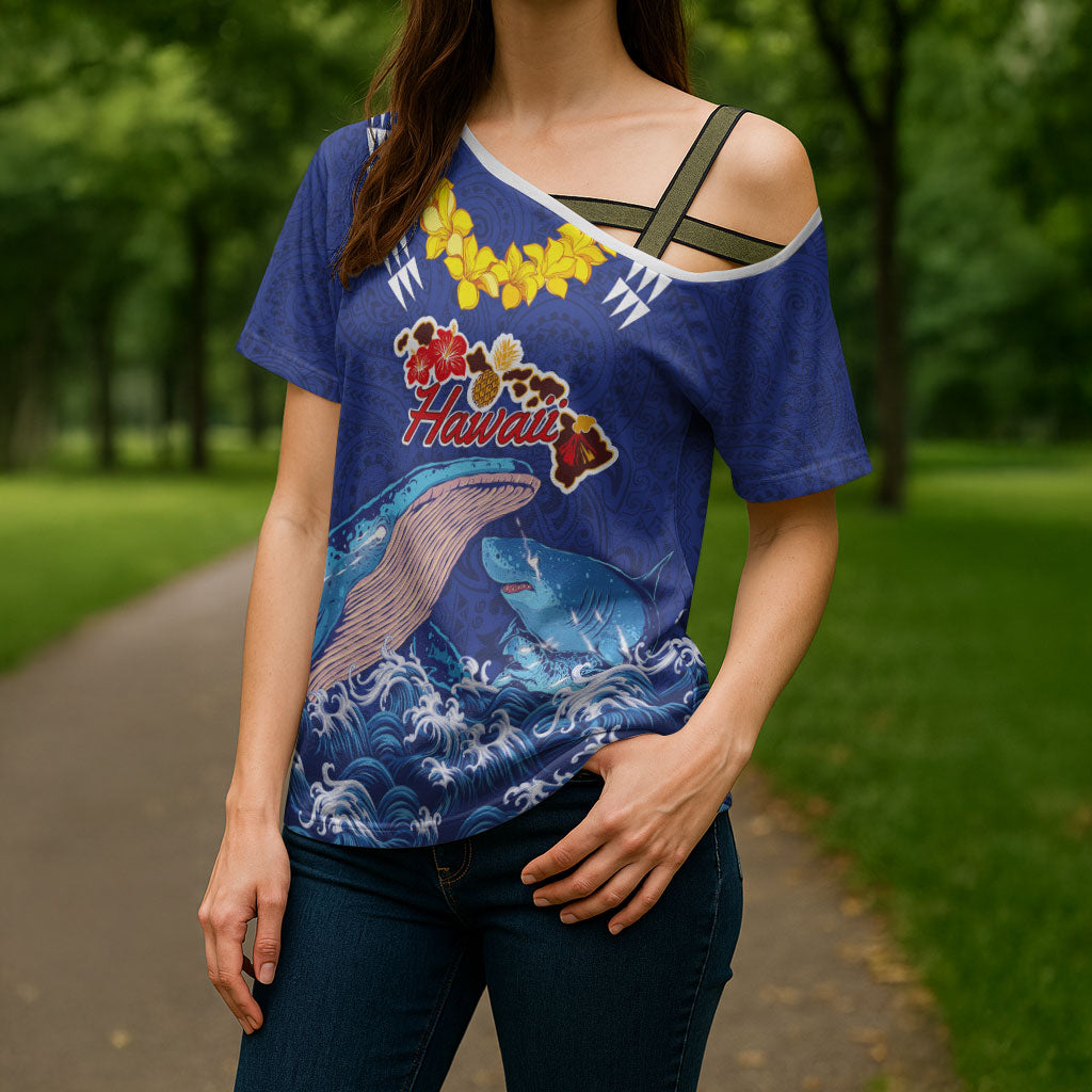 Hawaiian Sea Animals Cross Shoulder Shirt Whales Shark and Turtle Guardians with Tribal Pattern LT03 - Polynesian Pride