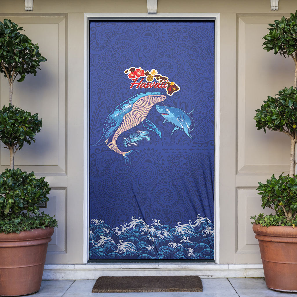 Hawaiian Sea Animals Door Cover Whales Shark and Turtle Guardians with Tribal Pattern LT03 Blue - Polynesian Pride