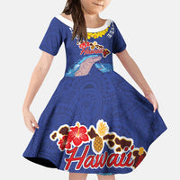 Hawaiian Sea Animals Family Matching Long Sleeve Bodycon Dress and Hawaiian Shirt Whales Shark and Turtle Guardians with Tribal Pattern LT03 Daughter's Dress Blue - Polynesian Pride