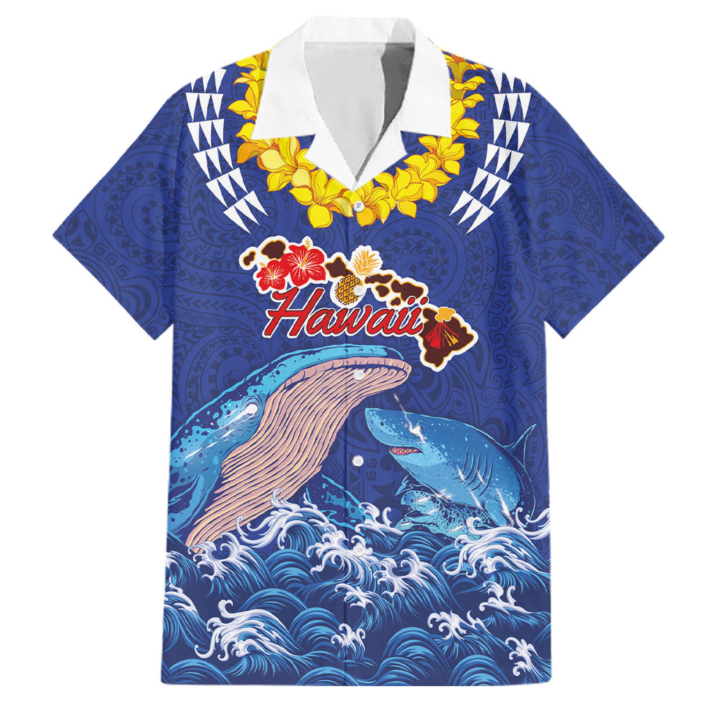 Hawaiian Sea Animals Family Matching Off The Shoulder Long Sleeve Dress and Hawaiian Shirt Whales Shark and Turtle Guardians with Tribal Pattern LT03 Dad's Shirt - Short Sleeve Blue - Polynesian Pride