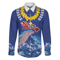 Hawaiian Sea Animals Family Matching Off The Shoulder Long Sleeve Dress and Hawaiian Shirt Whales Shark and Turtle Guardians with Tribal Pattern LT03 Dad's Shirt - Long Sleeve Blue - Polynesian Pride