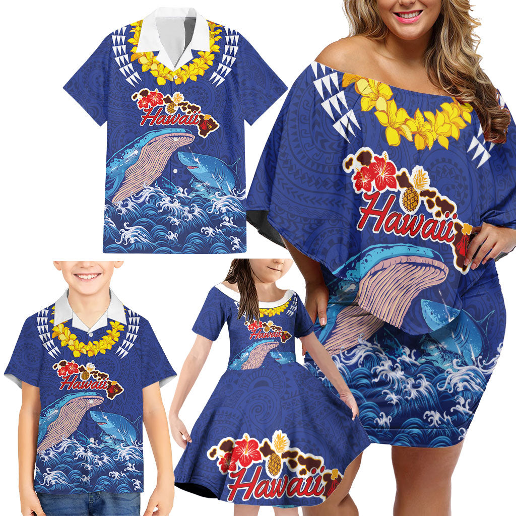 Hawaiian Sea Animals Family Matching Off Shoulder Short Dress and Hawaiian Shirt Whales Shark and Turtle Guardians with Tribal Pattern LT03 - Polynesian Pride