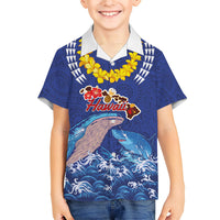 Hawaiian Sea Animals Family Matching Off Shoulder Short Dress and Hawaiian Shirt Whales Shark and Turtle Guardians with Tribal Pattern LT03 Son's Shirt Blue - Polynesian Pride