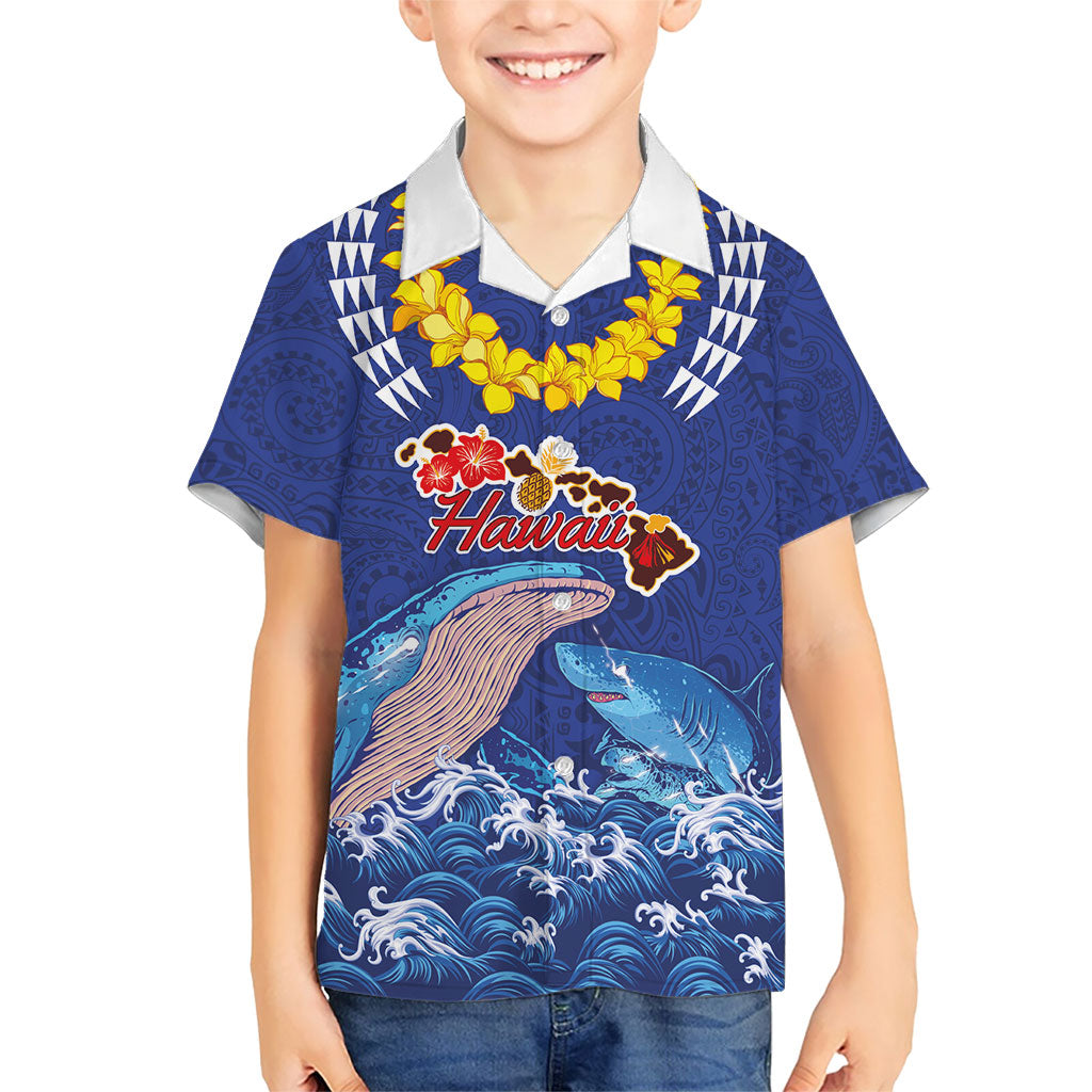 Hawaiian Sea Animals Kid Hawaiian Shirt Whales Shark and Turtle Guardians with Tribal Pattern