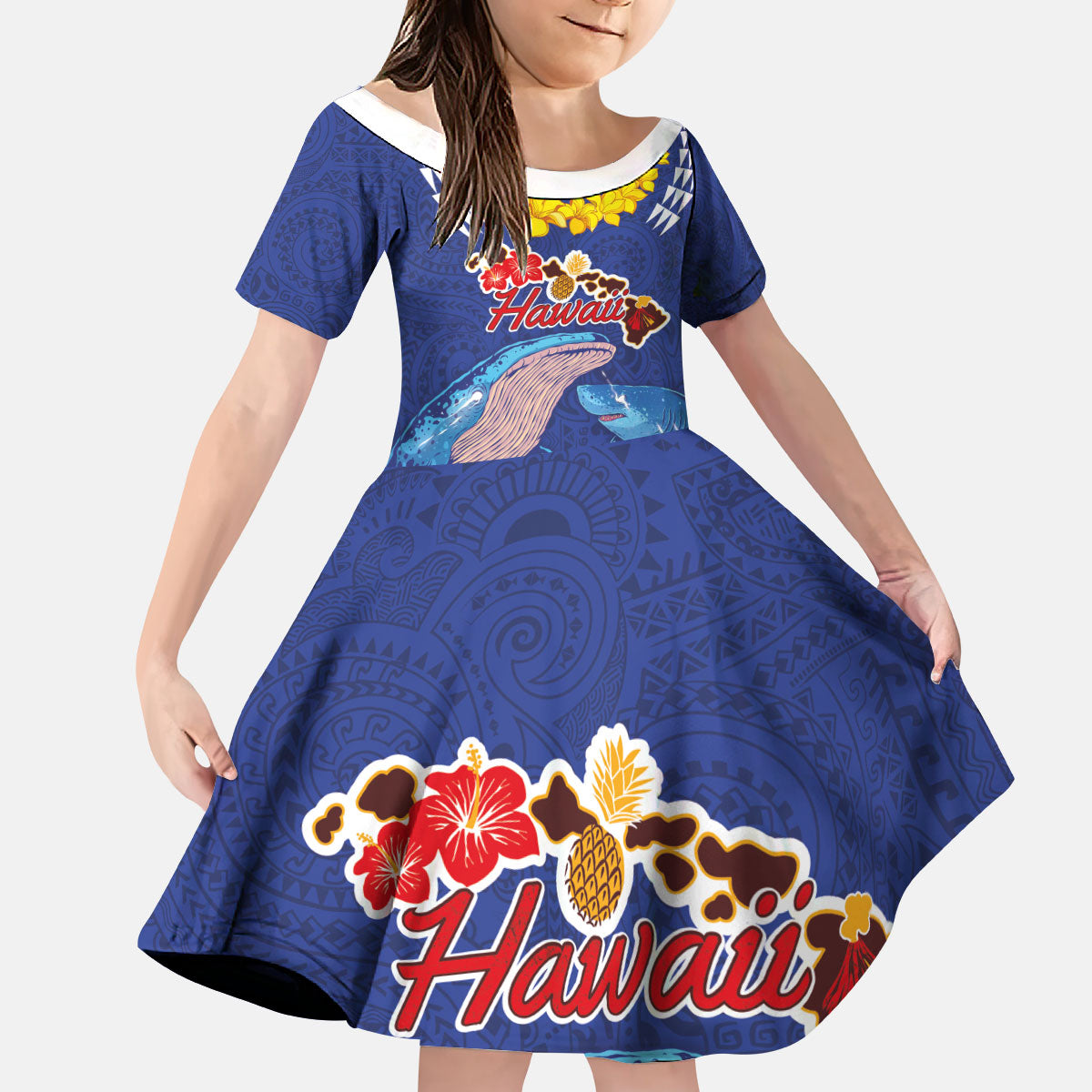 Hawaiian Sea Animals Kid Short Sleeve Dress Whales Shark and Turtle Guardians with Tribal Pattern