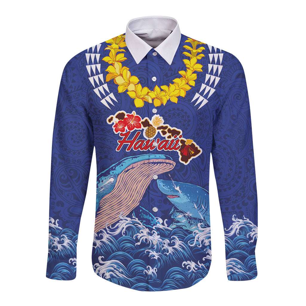 Hawaiian Sea Animals Long Sleeve Button Shirt Whales Shark and Turtle Guardians with Tribal Pattern LT03 Unisex Blue - Polynesian Pride