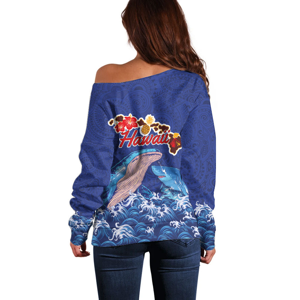 Hawaiian Sea Animals Off Shoulder Sweater Whales Shark and Turtle Guardians with Tribal Pattern LT03 - Polynesian Pride