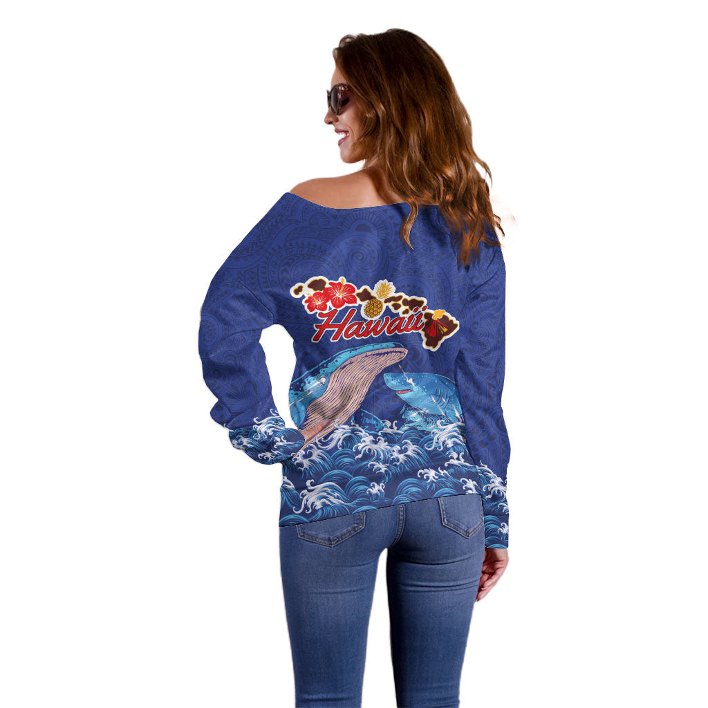 Hawaiian Sea Animals Off Shoulder Sweater Whales Shark and Turtle Guardians with Tribal Pattern LT03 - Polynesian Pride