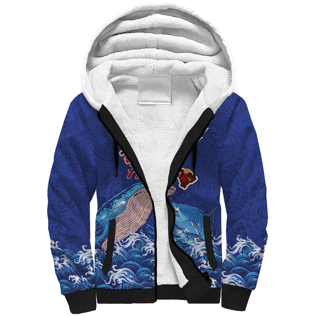 Hawaiian Sea Animals Sherpa Hoodie Whales Shark and Turtle Guardians with Tribal Pattern