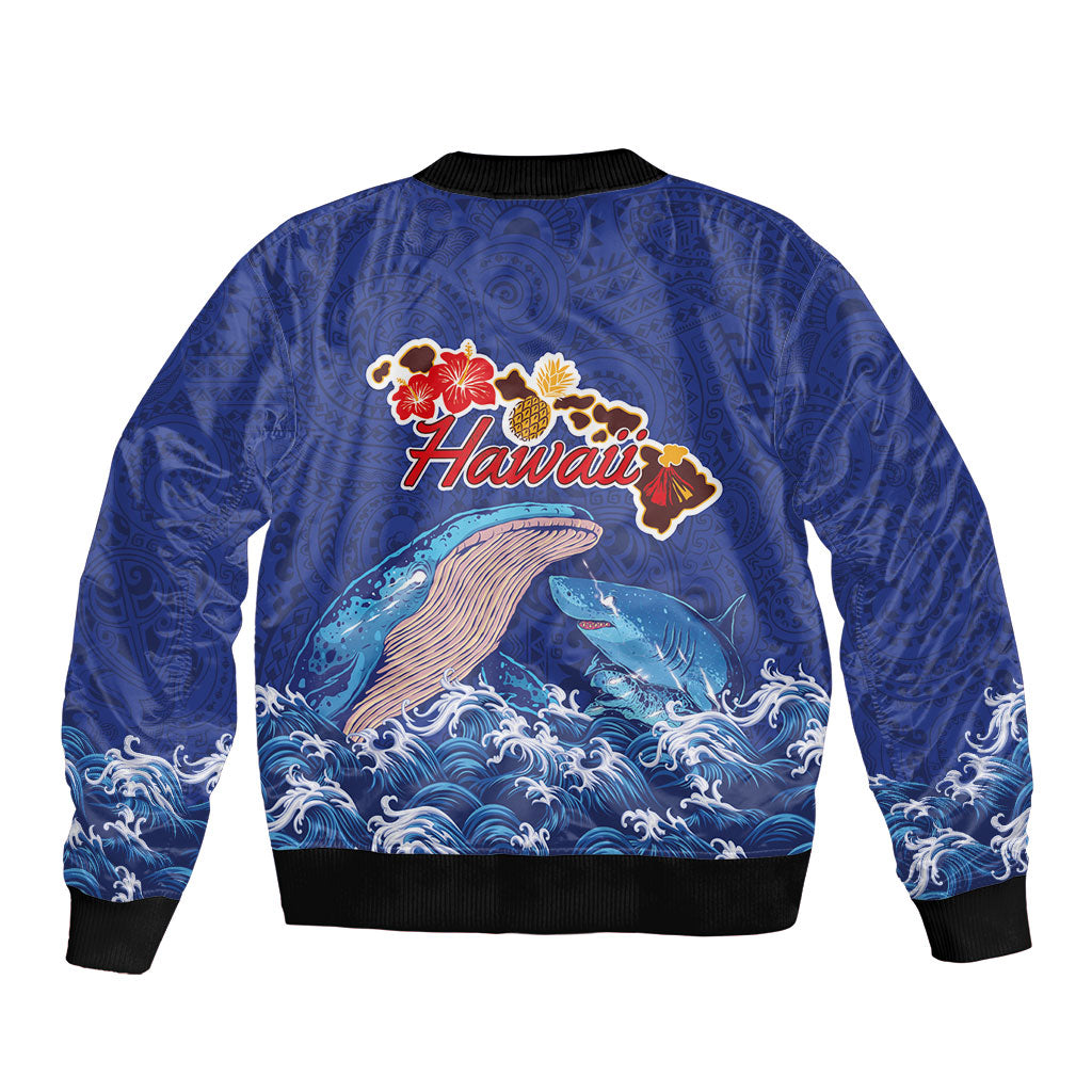 Hawaiian Sea Animals Sleeve Zip Bomber Jacket Whales Shark and Turtle Guardians with Tribal Pattern LT03 - Polynesian Pride