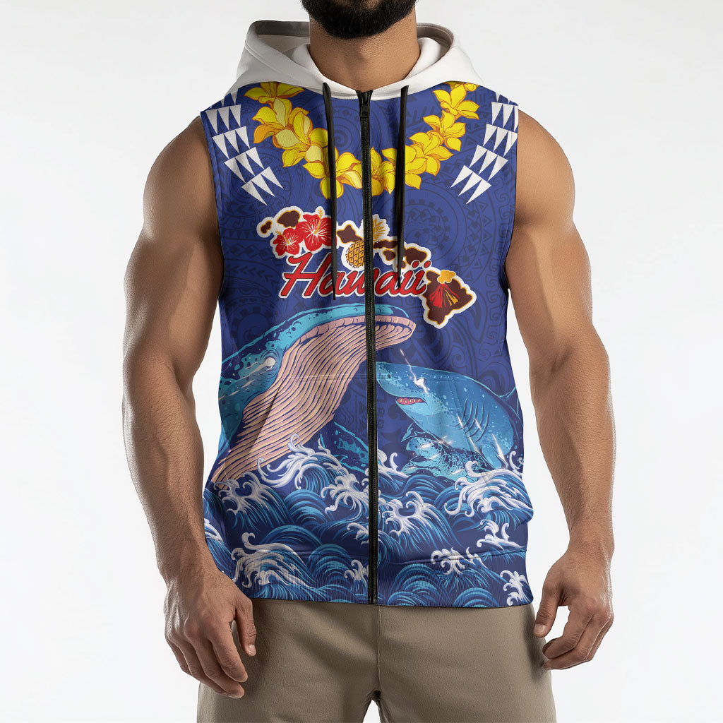 Hawaiian Sea Animals Sleeveless Zip Hoodie Whales Shark and Turtle Guardians with Tribal Pattern LT03 - Polynesian Pride