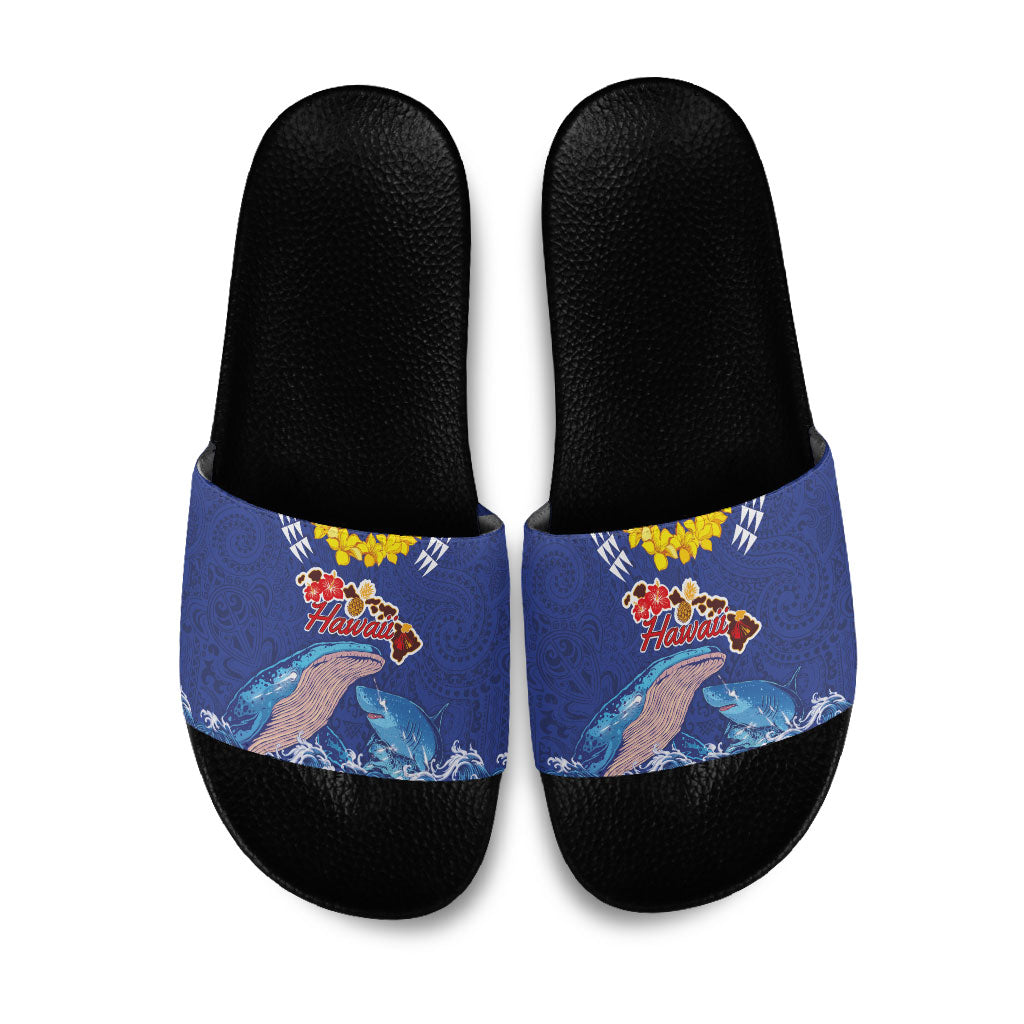 Hawaiian Sea Animals Slide Sandals Whales Shark and Turtle Guardians with Tribal Pattern LT03 Blue - Polynesian Pride