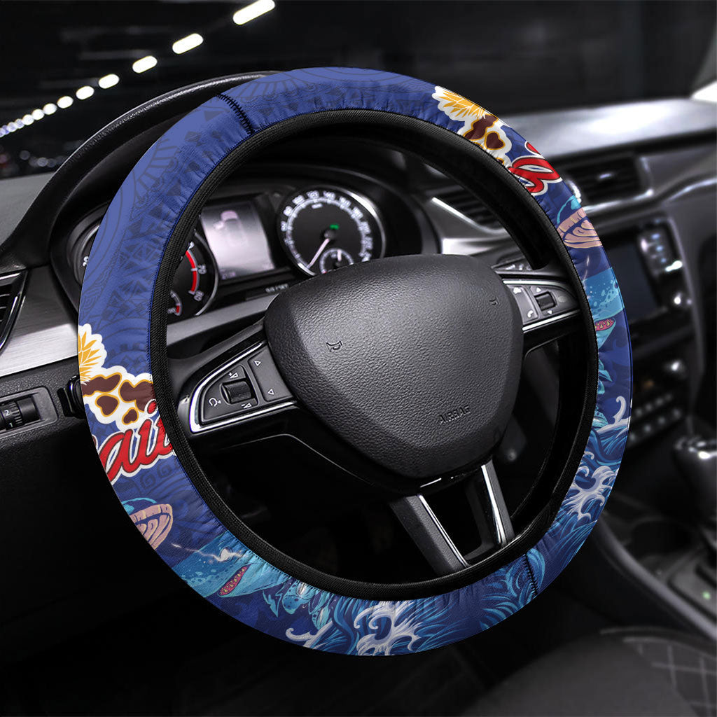 Hawaiian Sea Animals Steering Wheel Cover Whales Shark and Turtle Guardians with Tribal Pattern LT03 Universal Fit Blue - Polynesian Pride