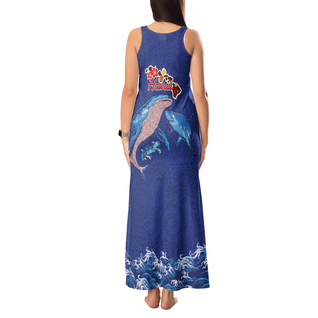 Hawaiian Sea Animals Tank Maxi Dress Whales Shark and Turtle Guardians with Tribal Pattern LT03 - Polynesian Pride