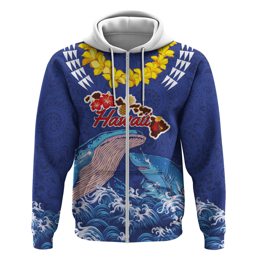 Hawaiian Sea Animals Zip Hoodie Whales Shark and Turtle Guardians with Tribal Pattern LT03 Zip Hoodie Blue - Polynesian Pride