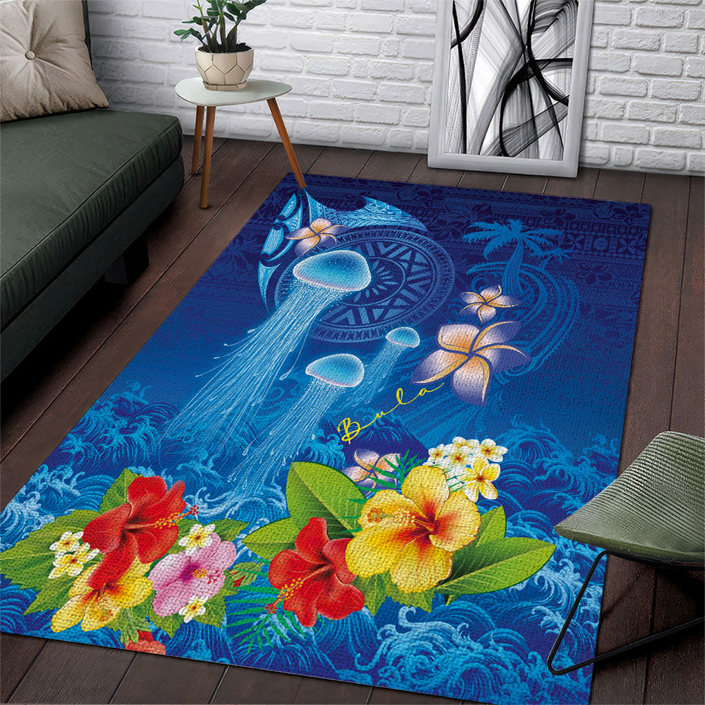 Fiji Jellyfish Area Rug Tapa Patterns and Hibiscus Sea Vibe LT03 Blue - Polynesian Pride