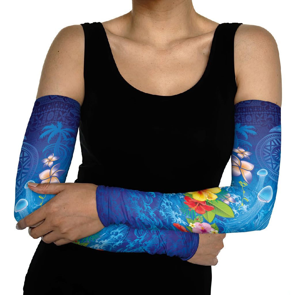 Fiji Jellyfish Arm Sleeves Tapa Patterns and Hibiscus Sea Vibe LT03 - Polynesian Pride