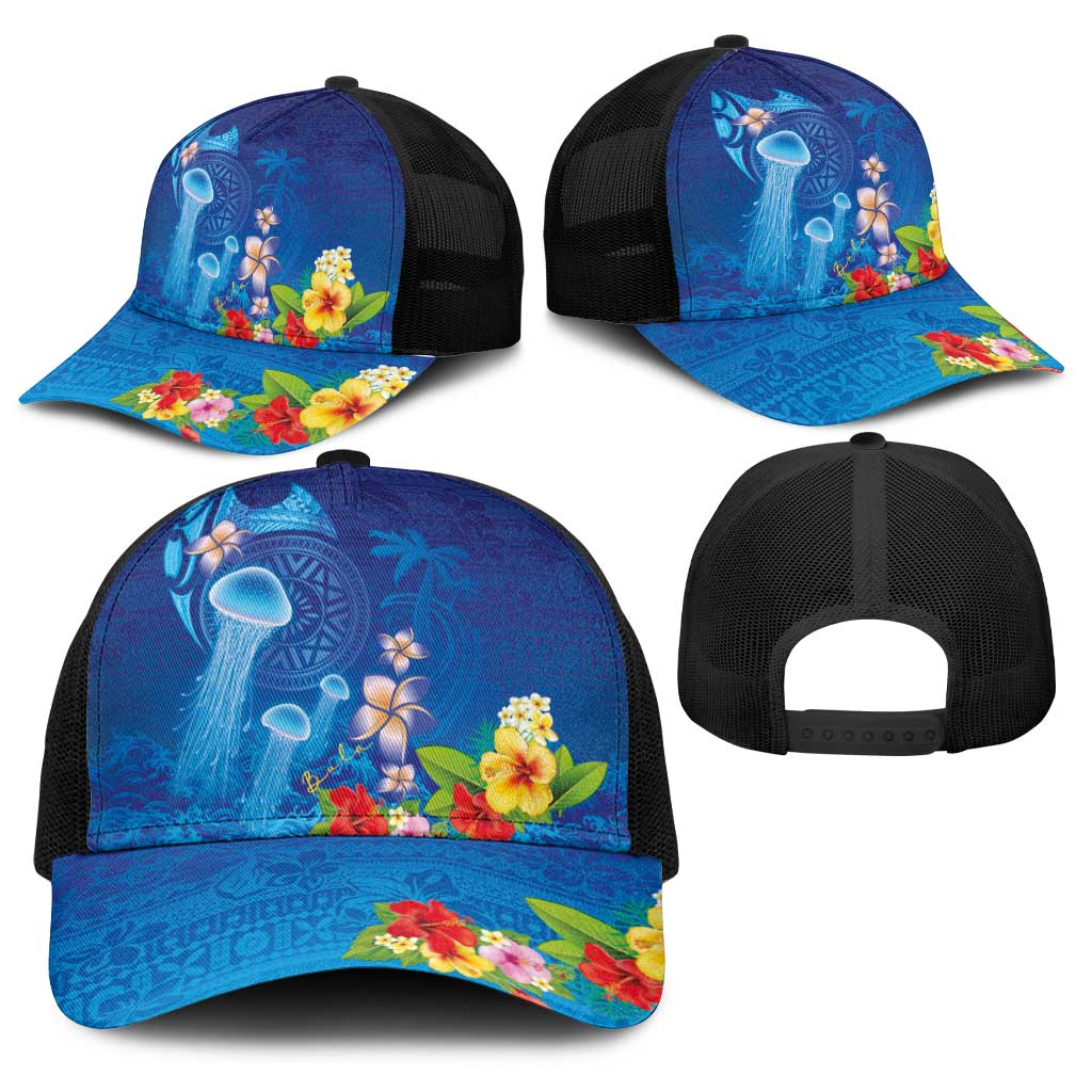 Fiji Jellyfish Baseball Net Cap Tapa Patterns and Hibiscus Sea Vibe