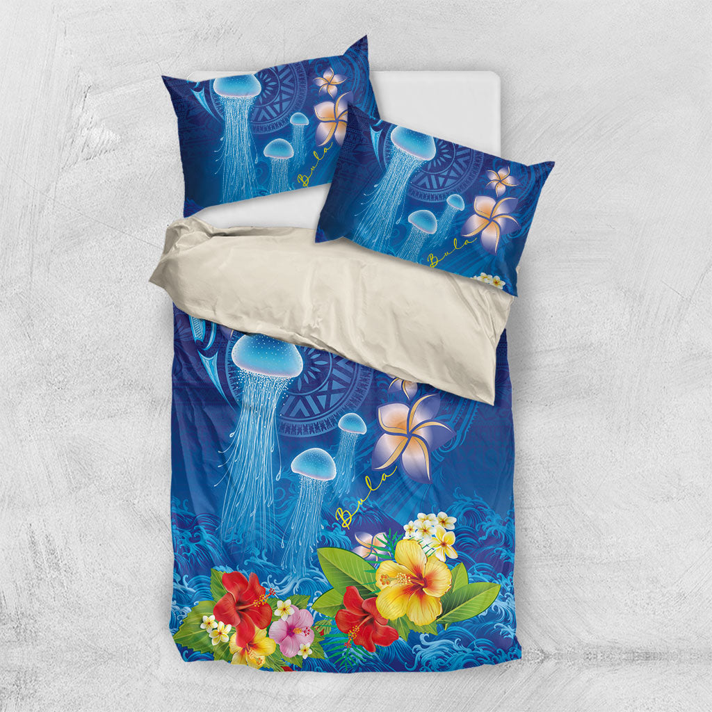 Fiji Jellyfish Bedding Set Tapa Patterns and Hibiscus Sea Vibe LT03 US Twin 172cm x 218cm Blue - Polynesian Pride