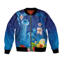 Fiji Jellyfish Bomber Jacket Tapa Patterns and Hibiscus Sea Vibe LT03 Unisex Blue - Polynesian Pride