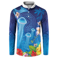 Fiji Jellyfish Button Sweatshirt Tapa Patterns and Hibiscus Sea Vibe LT03 Blue - Polynesian Pride