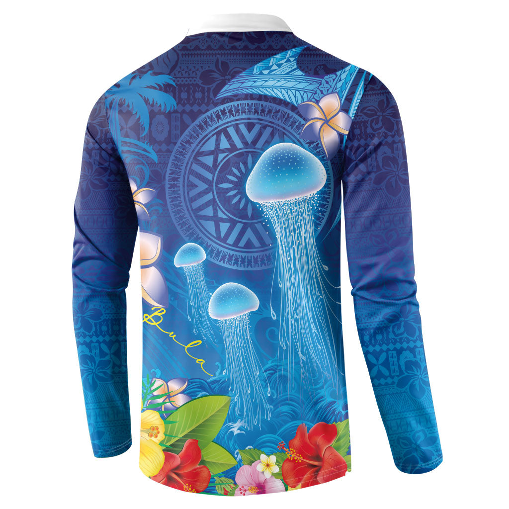 Fiji Jellyfish Button Sweatshirt Tapa Patterns and Hibiscus Sea Vibe LT03 - Polynesian Pride