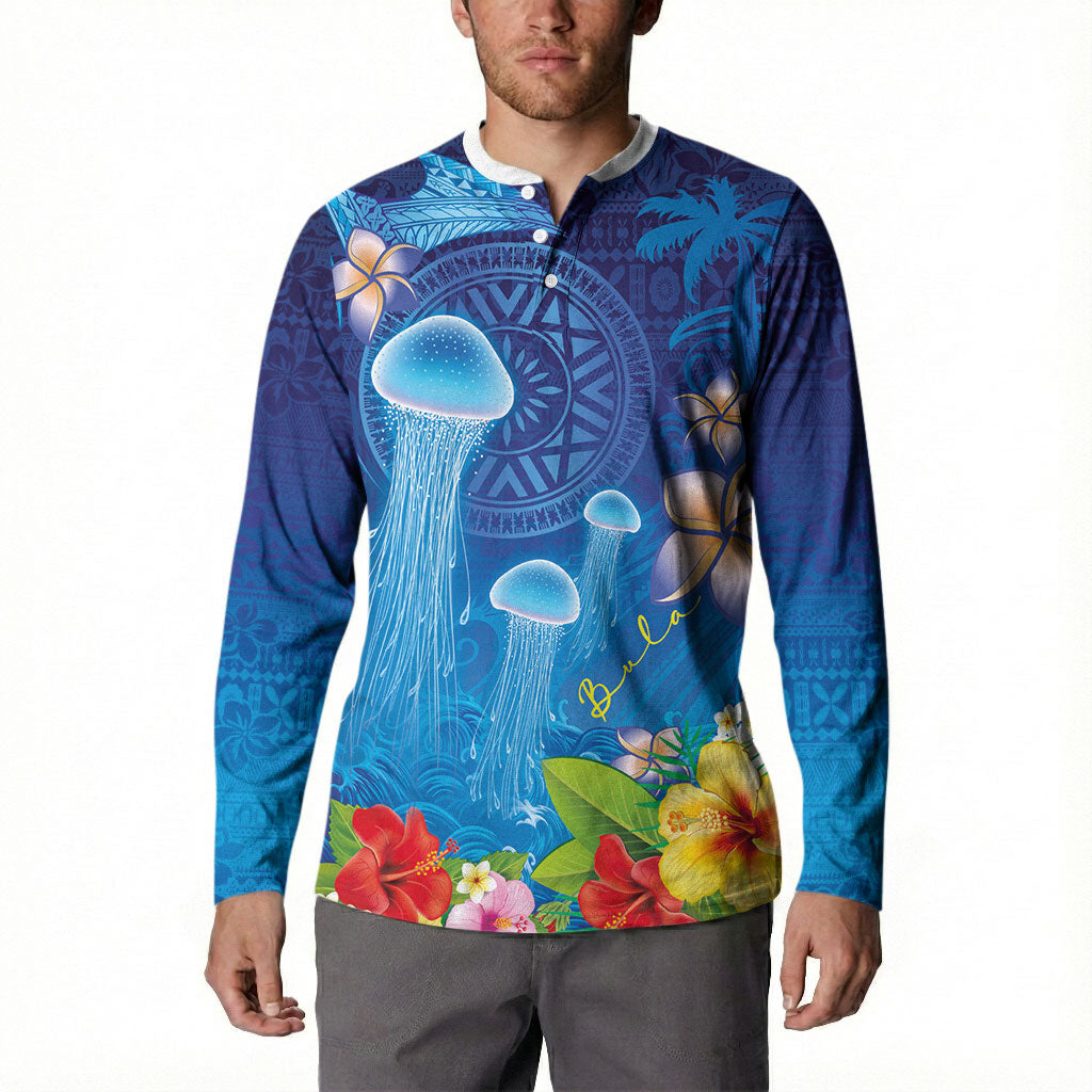 Fiji Jellyfish Button Sweatshirt Tapa Patterns and Hibiscus Sea Vibe LT03 - Polynesian Pride